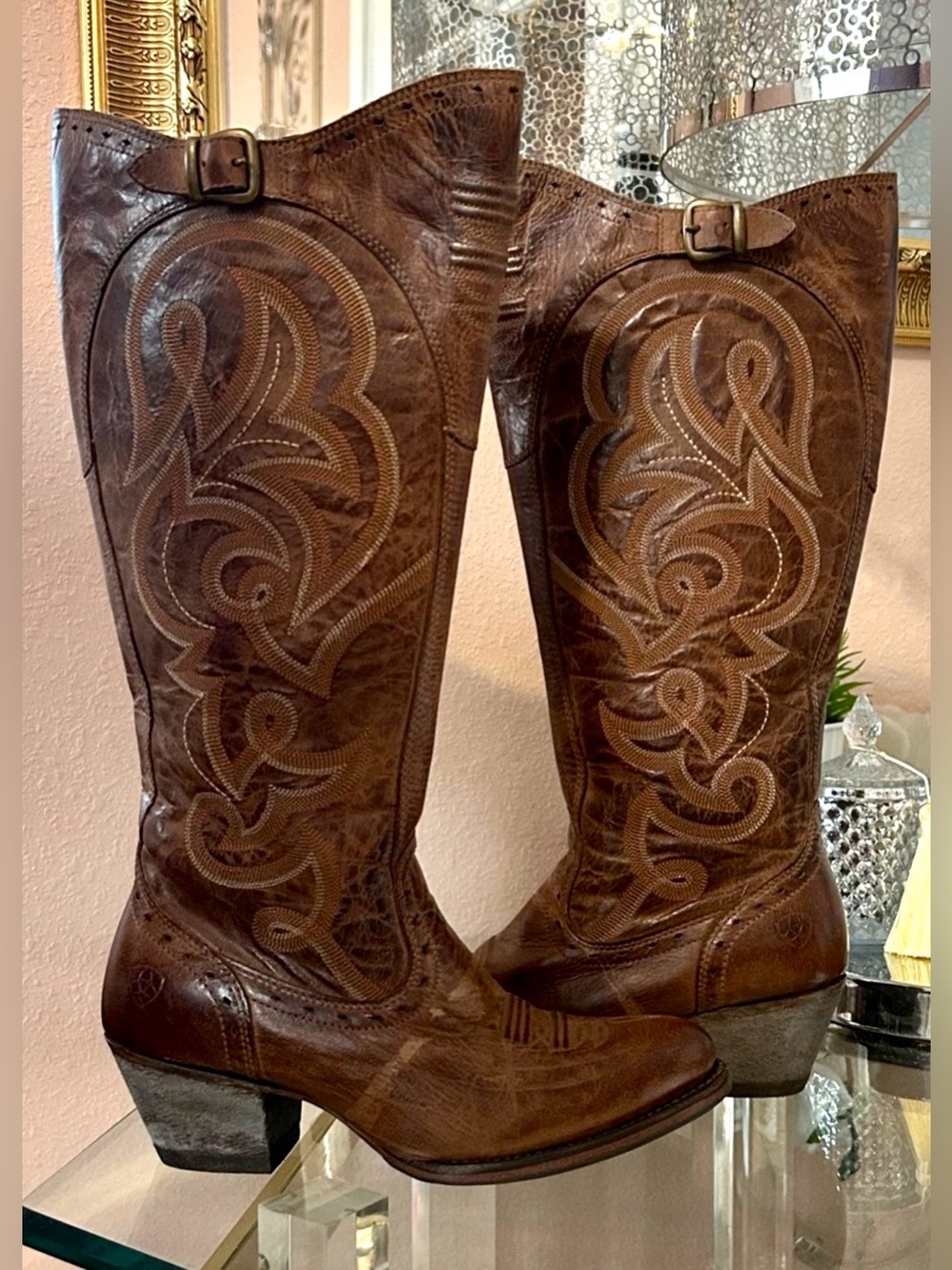 Ariat Distressed Brown Embroidered Leather Western Heeled Zipper Boots Size 7 - Picture 4 of 16